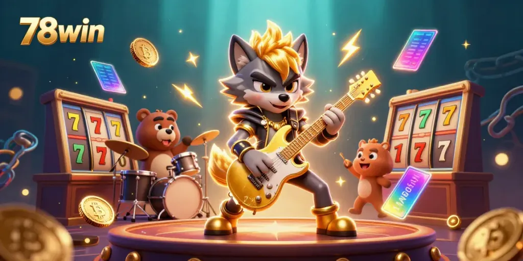Engage with 78win's captivating casino scene featuring a rock star wolf and vibrant slot elements.