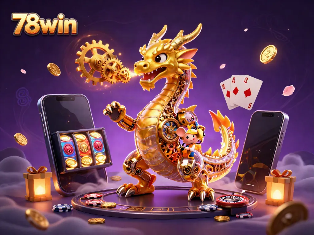 Experience the vibrant world of 78win as a golden dragon with clockwork internals breathes golden gears amidst colorful slot games.