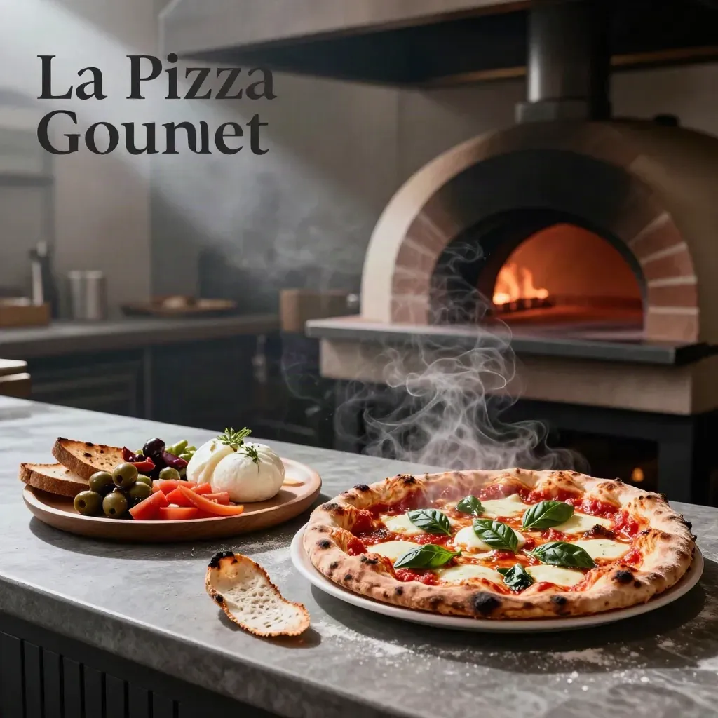Pizza margherita fumante con antipasti e forno a legna in cucina buia