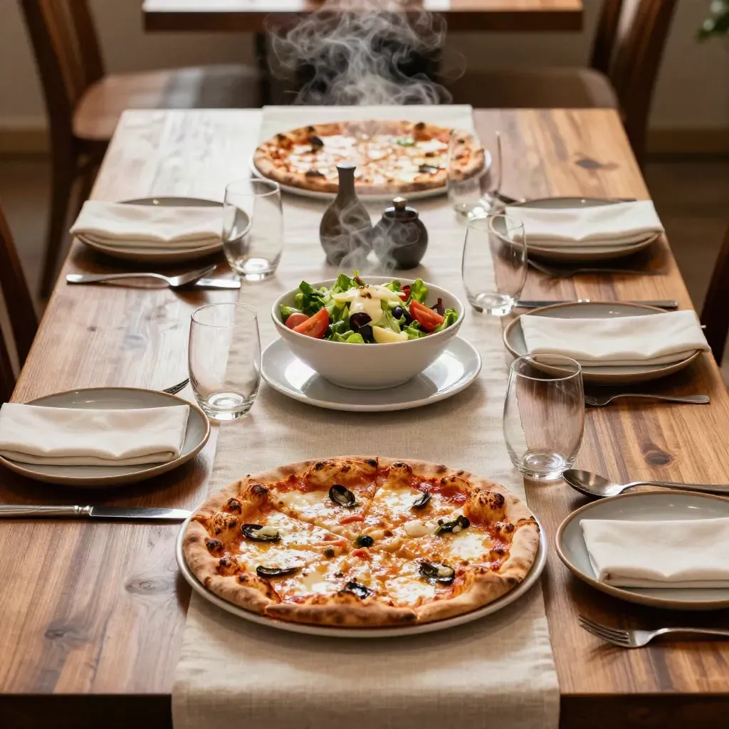 Tavolo familiare con due pizze grandi, insalata, dolce e quattro coperti in un locale elegante.
