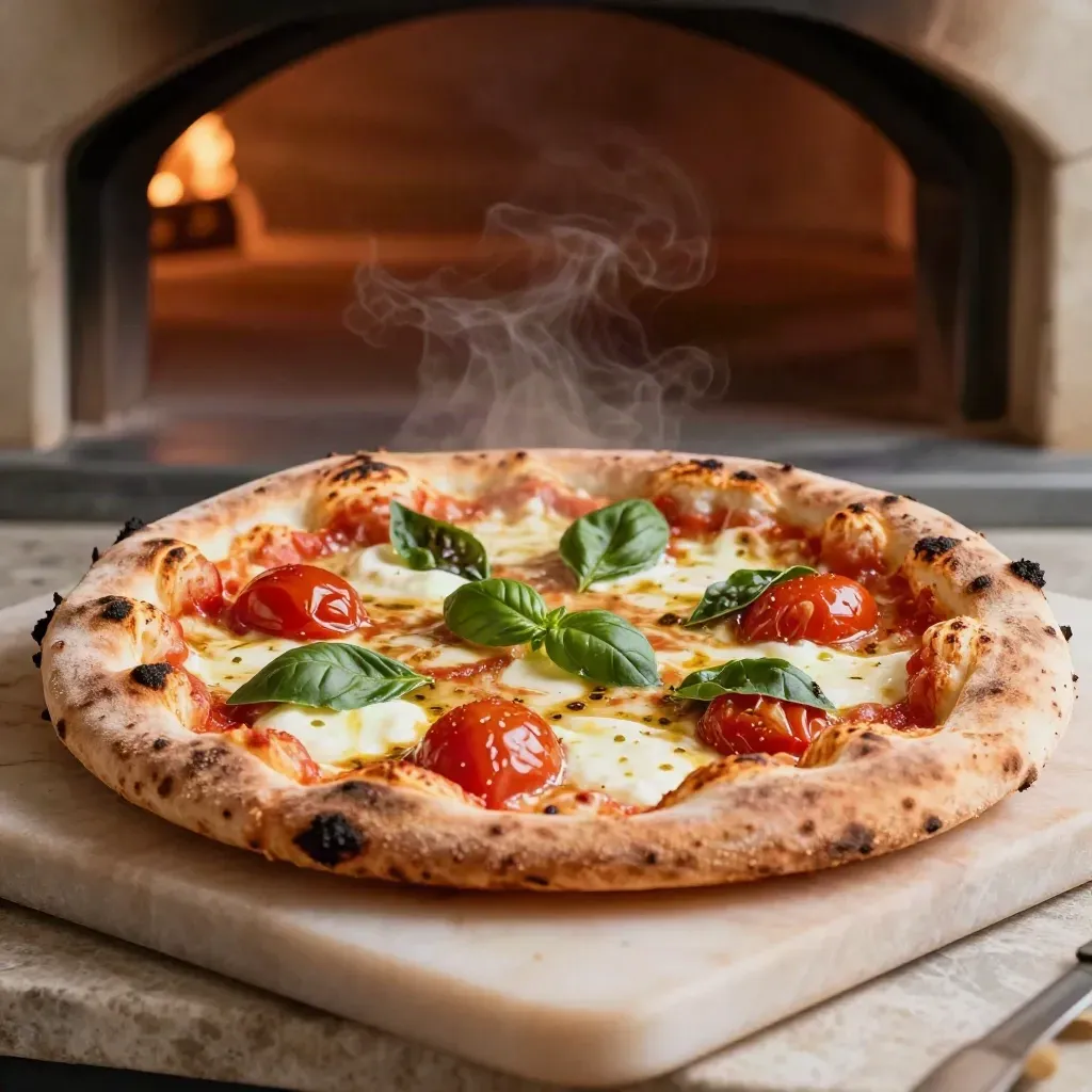 Pizza Margherita DOP fumante su pietra chiara vicino al forno a legna