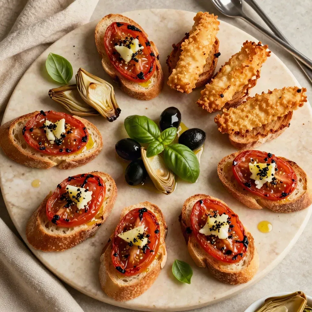 Antipasto misto con bruschette, fritti, olive e carciofi su vassoio consumato.