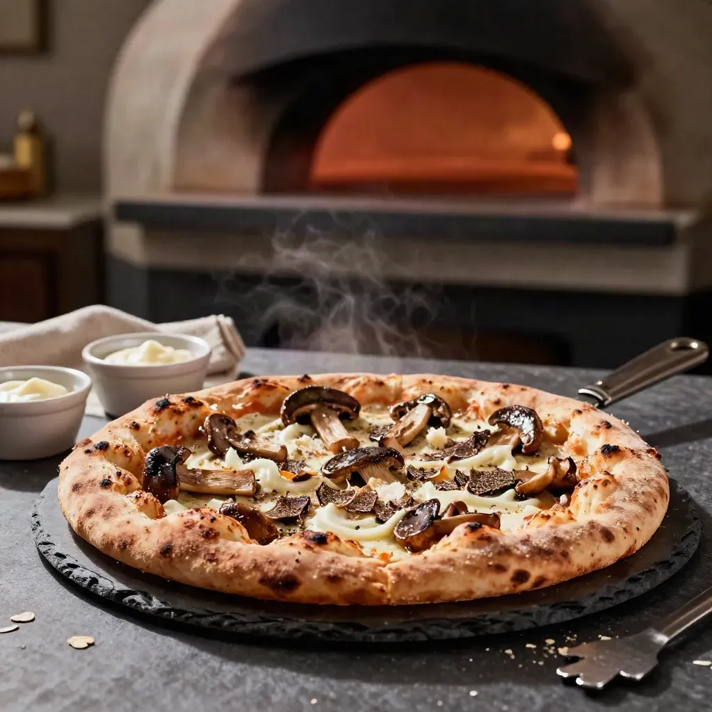 Pizza bianca ai funghi e tartufo su ardesia, in una cucina calda e raffinata.