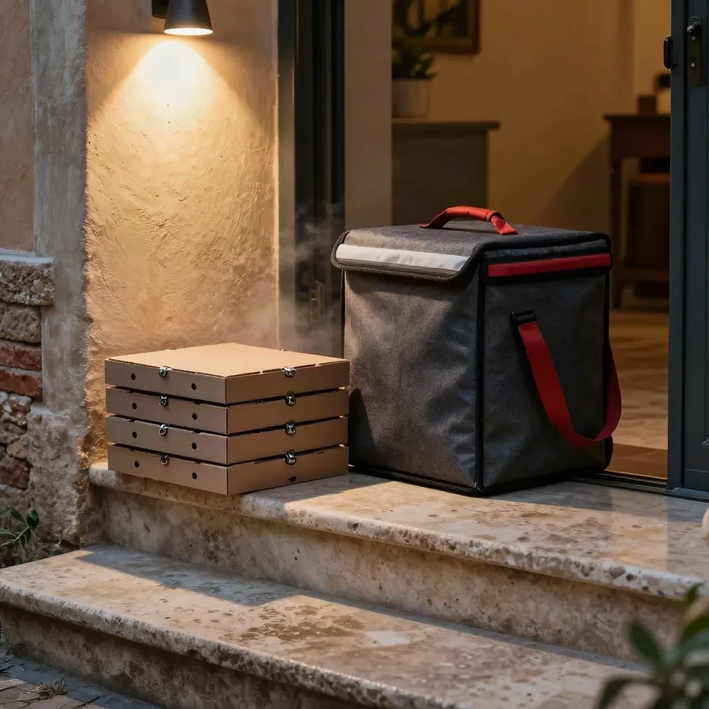 Scatole pizza da asporto sigillate accanto a borsa termica su una soglia notturna, luce radente.