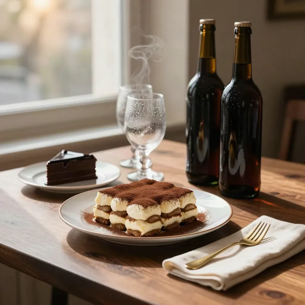 Dolci e bevande su tavolo in legno con tiramisù, torta al cioccolato e bibite fredde