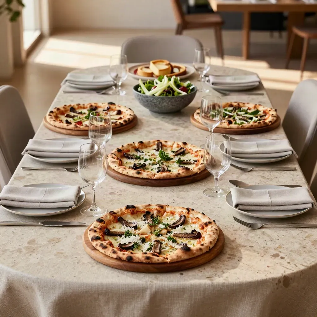 Tavolo di compleanno elegante con pizze, insalate e dolci, pronto per dodici persone.