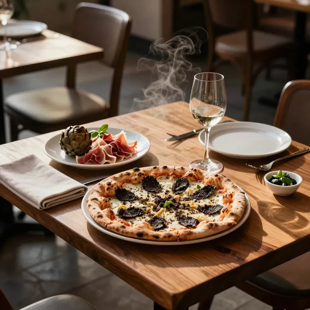 Tavolo apparecchiato con pizza al tartufo, antipasto e calici in una sala calda e silenziosa.