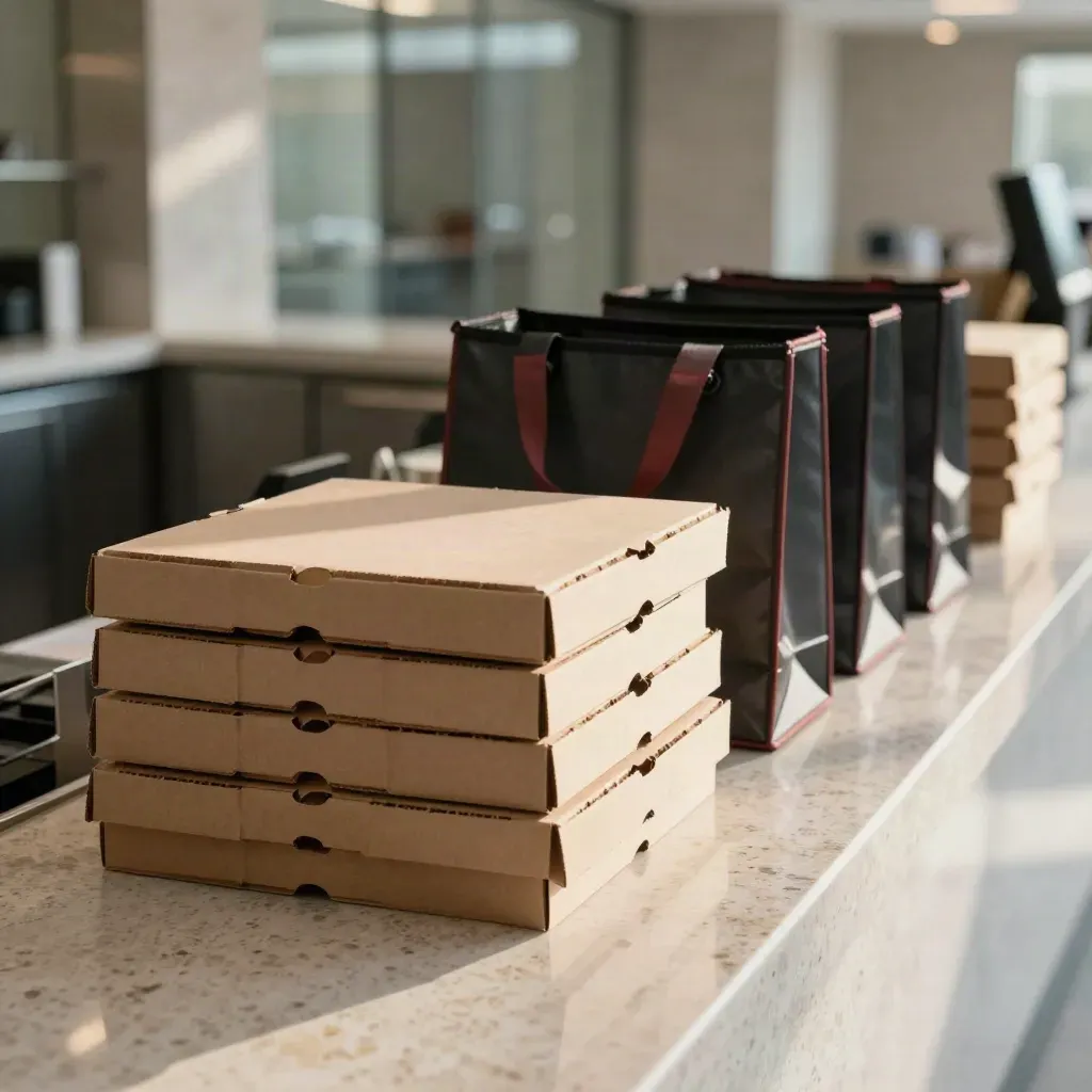 Scatole pizza da asporto e borse termiche su un bancone di lobby ufficio, in fila per il ritiro.