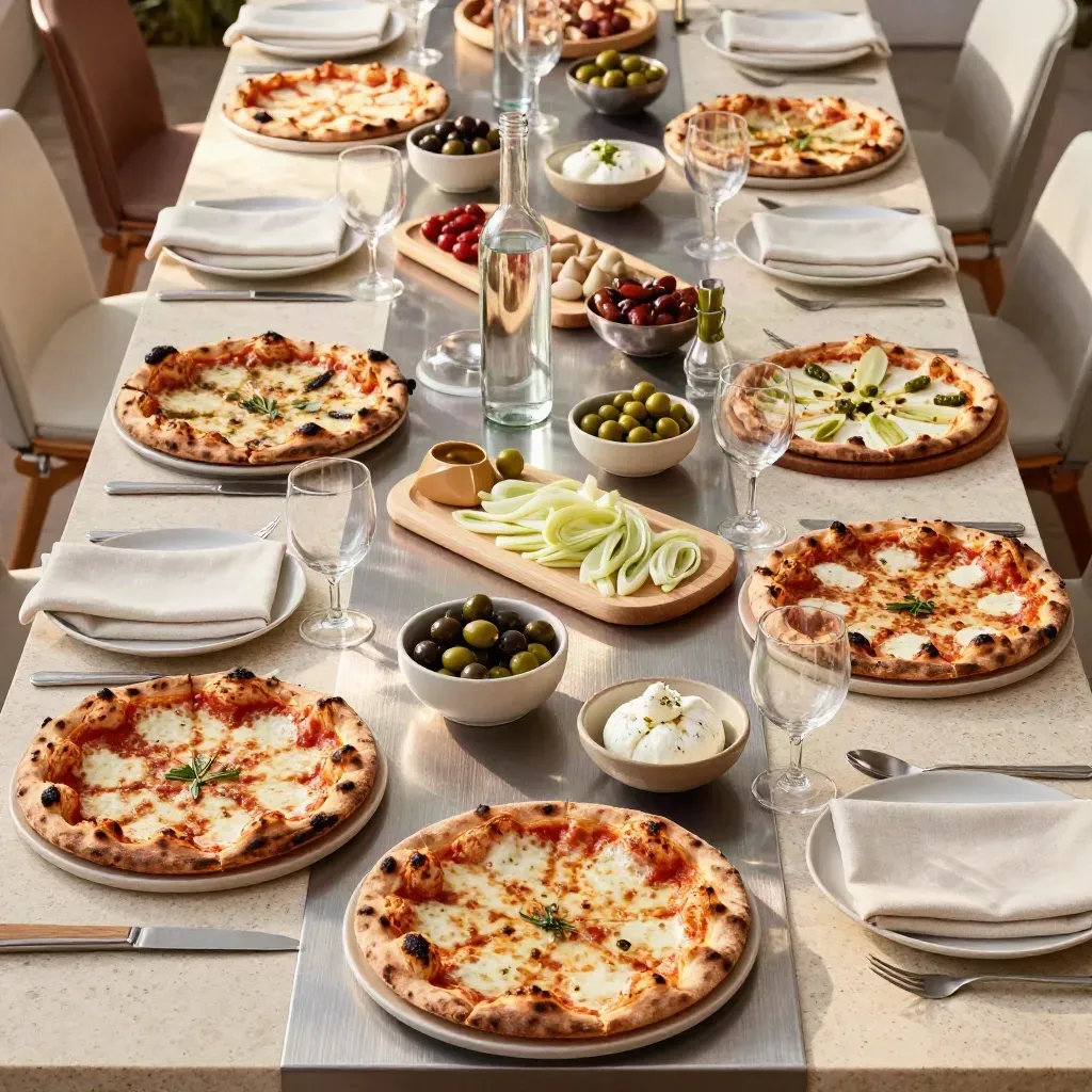 Tavola evento dall’alto con pizze miste, antipasti, bottiglie e vassoi pronti per venti ospiti.
