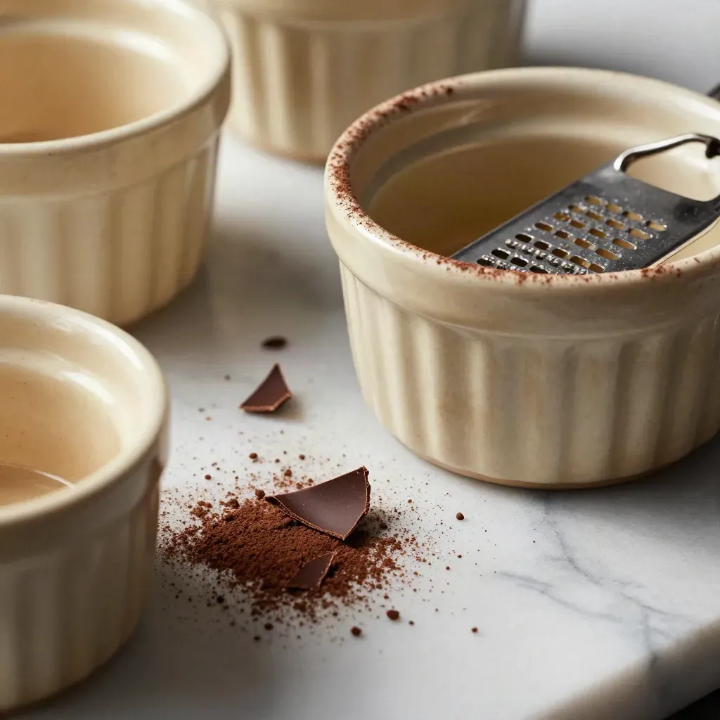 Ramekins, anello da dessert, microplane e scaglie di cioccolato su marmo.