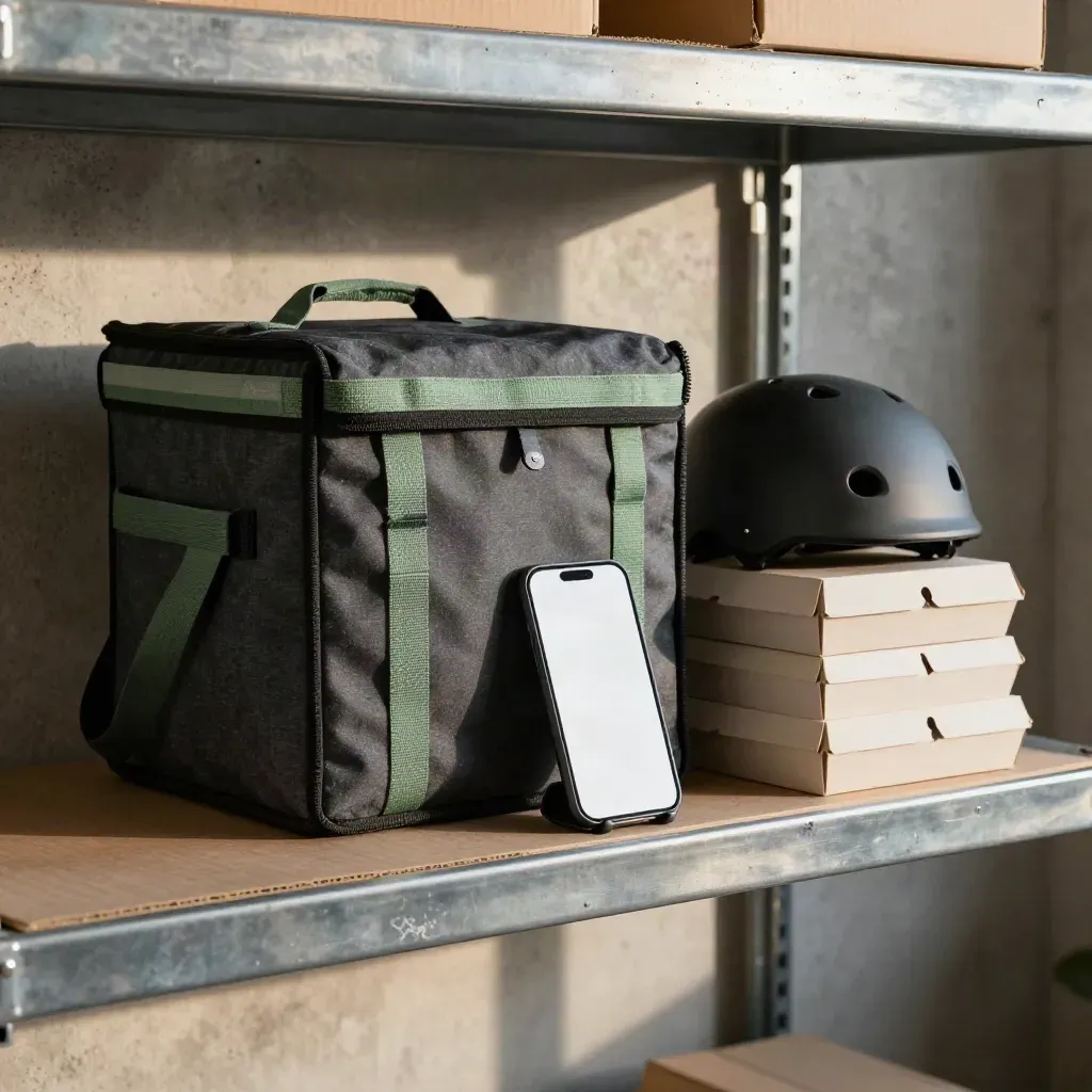 Tote termico, scatole da asporto e casco su uno scaffale di spedizione, luce di garage