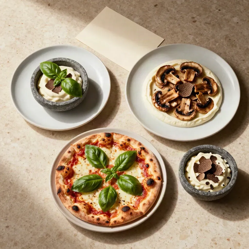 Tre piattini degustazione per pizza su pietra, con basilico, funghi e crema al tartufo.