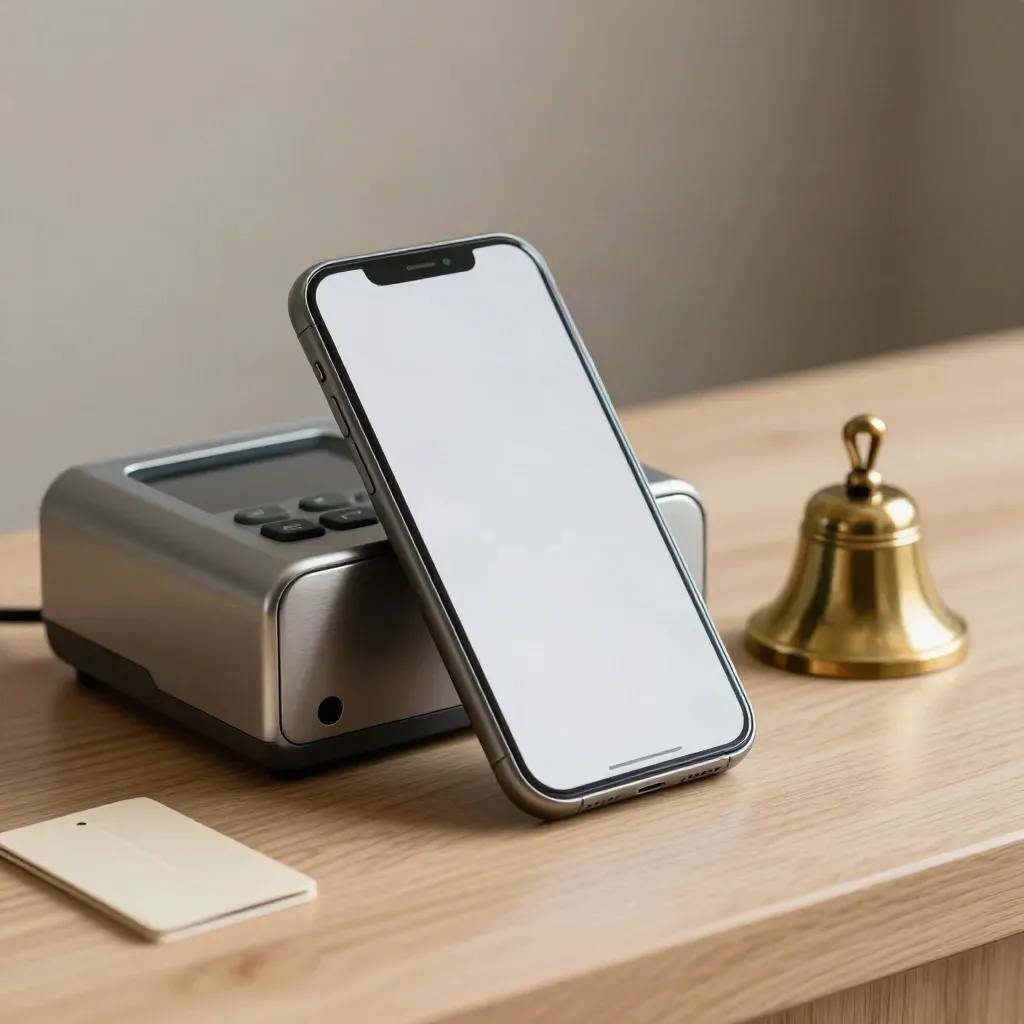 Smartphone, terminale POS e campanello in ottone su banco di legno chiaro.