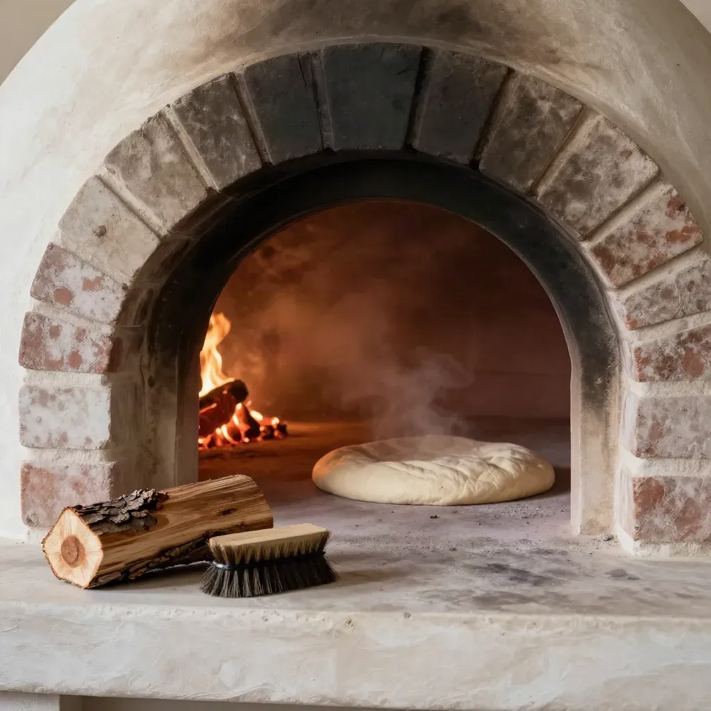 Forno a legna aperto con pala, legna di quercia e spazzola, brace viva e vapore di calore.