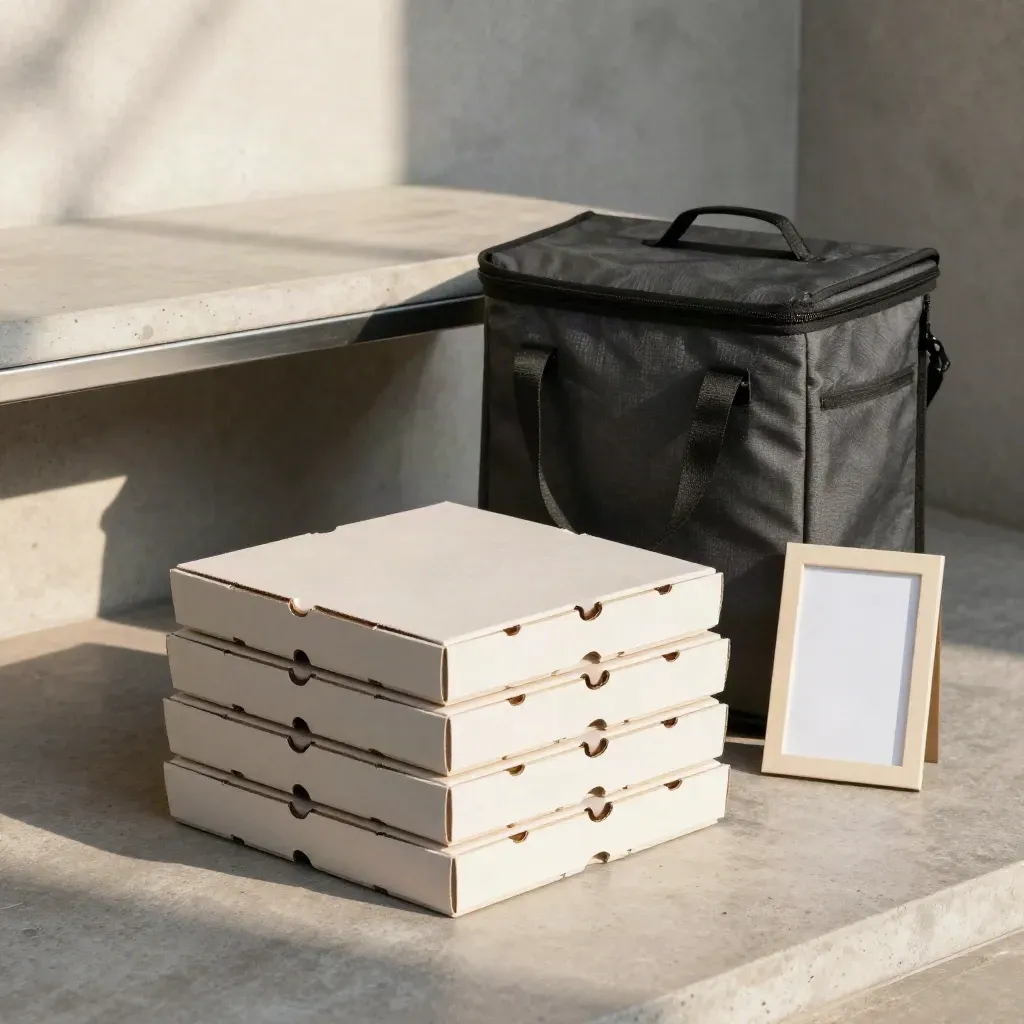 Scatole da asporto accanto a borsa termica e banco di ritiro in un ingresso luminoso.