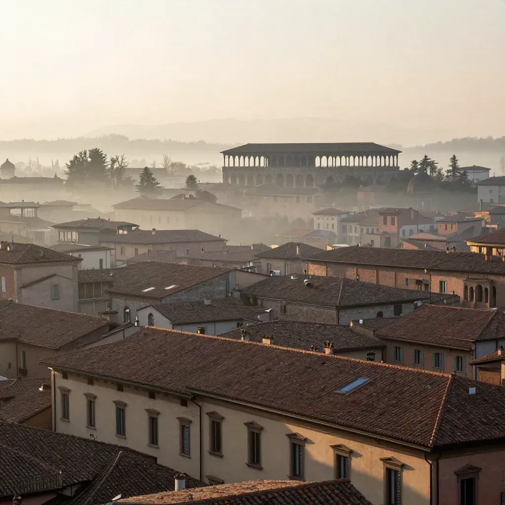 Bologna all’alba, tetti in terracotta e portico di San Luca sopra la nebbia.