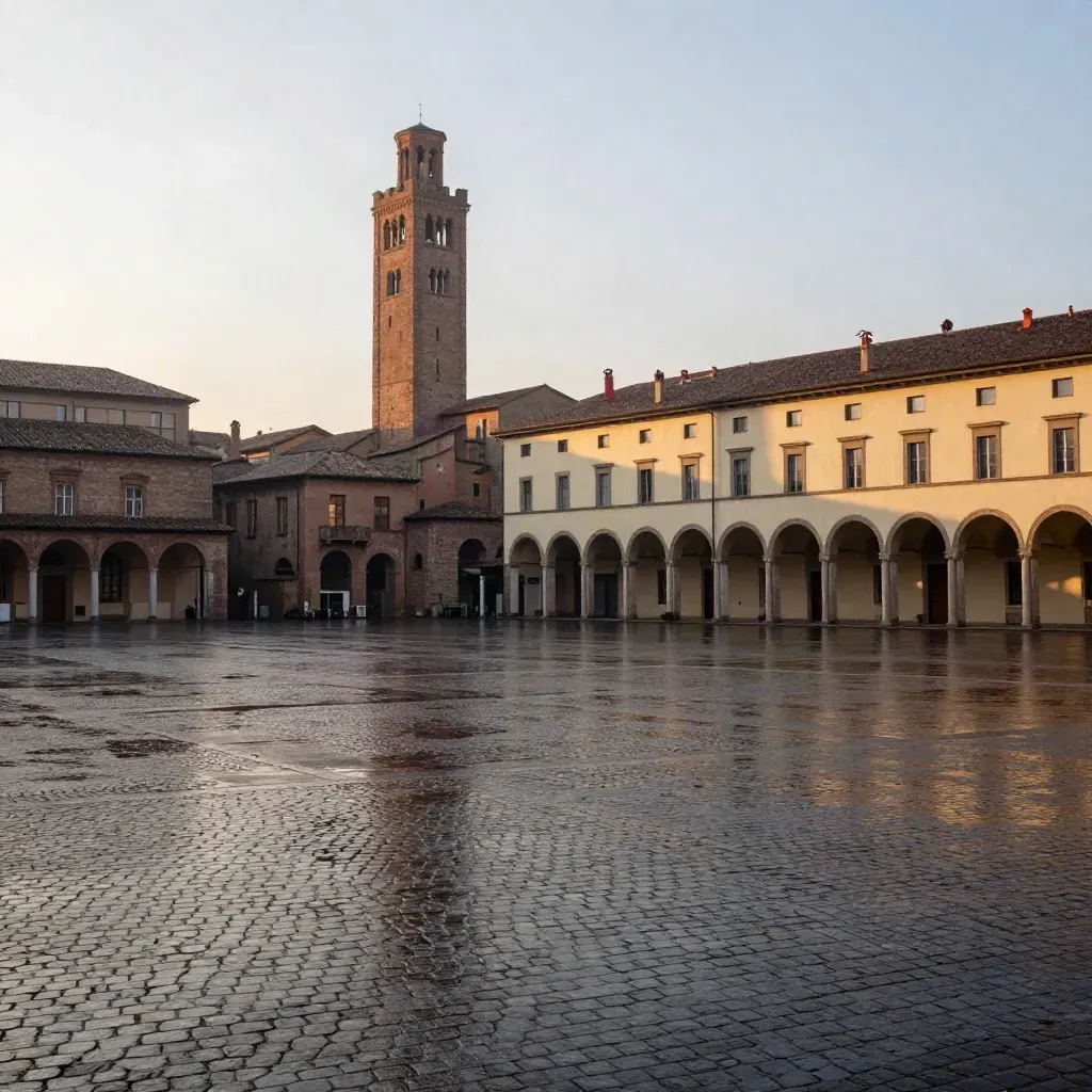 Torre Ghirlandina e tetti di Modena bagnati dopo la pioggia, piazza calma e avvolta dalla foschia