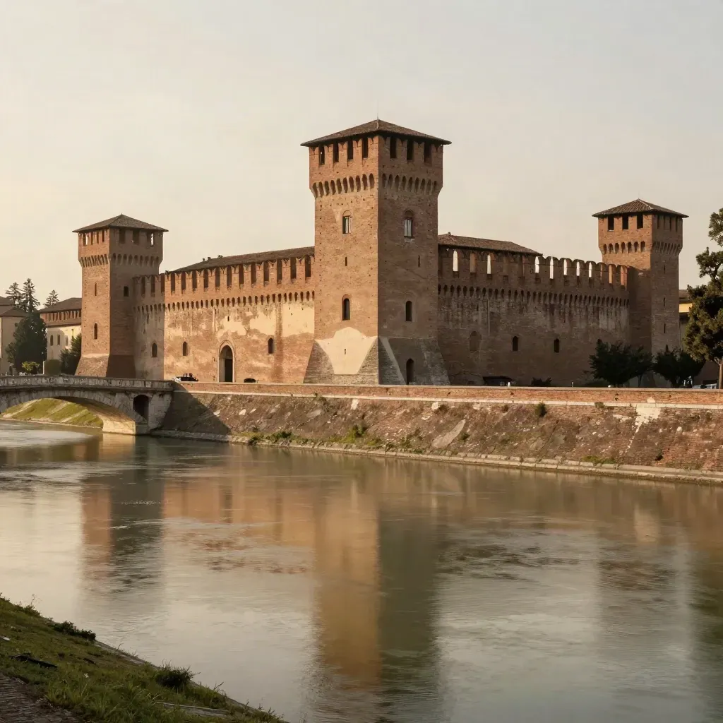 Castello Estense e fossato a Ferrara al tramonto, con luce calda e atmosfera velata.