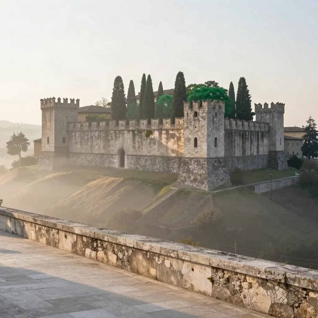 La Rocca Sforzesca sopra le terrazze di Imola nella nebbia dell'alba.
